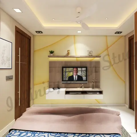 Bedroom render seen over the foot of the bed: a gold-veined marble-look TV wall with a wood-strip panel, white floating drawer cabinet and lit display ledge