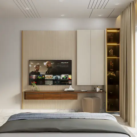 Bedroom render seen over the foot of the bed towards a beige fluted TV wall with a floating walnut dresser ledge