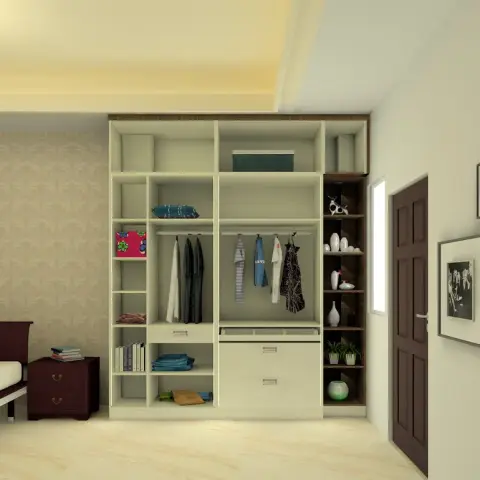 Bedroom render shown with the full-height wardrobe standing open — hanging rod, folded-linen shelves and a walnut side display column — beside a