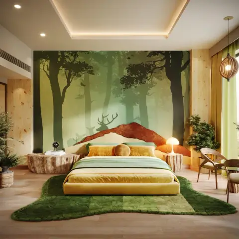 Bedroom render themed on a misty forest mural with a silhouetted stag over a terracotta ridge, a mustard velvet platform bed on an irregular grass-green rug