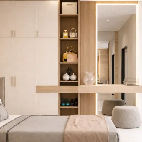 Bedroom render where a floor-to-ceiling cream wardrobe run meets an oak open-niche column styled with perfume bottles and handbags
