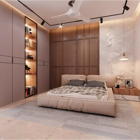Bedroom render where a low cream leather platform bed sits against a grid-panelled walnut headboard wall