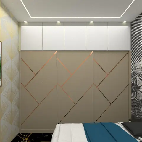 Bedroom render where a taupe wardrobe is scored with diagonal rose-gold inlay lines under white loft shutters