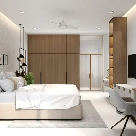 Bedroom render where a textured plaster headboard wall carries a cluster of black-and-brass globe pendants beside a small framed gallery