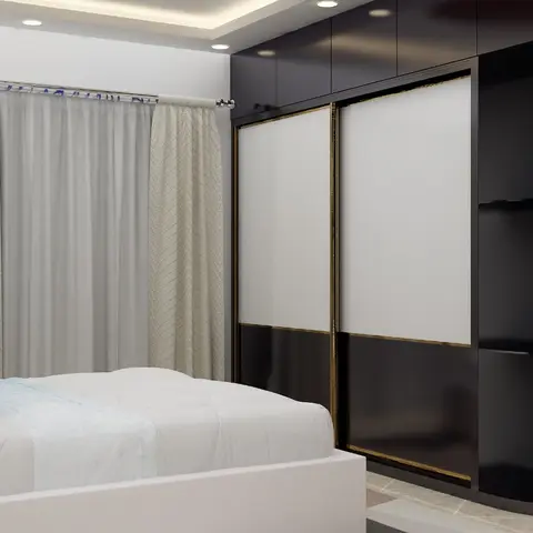 Bedroom render where a two-panel sliding wardrobe in black gloss with white inserts split by a gold profile meets curved black corner shelves