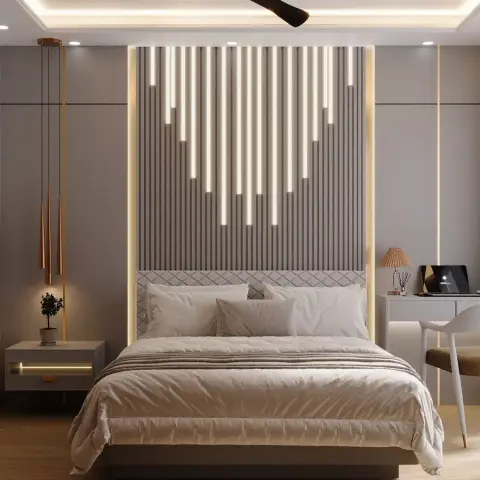 Bedroom render where grey fluted panelling behind a quilted headboard is broken by staggered vertical LED strips of unequal length