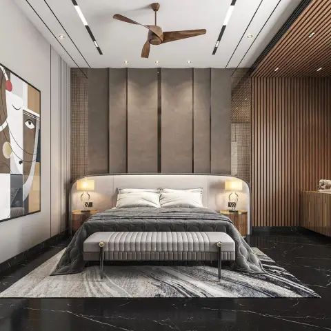 Bedroom render where taupe leatherette headboard panels meet a full-height walnut slat wall
