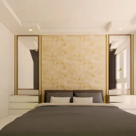 Bedroom render with a backlit honey-onyx headboard panel framed in brass reveals, flanked by two full-height mirror strips over built-in ivory bedside drawer