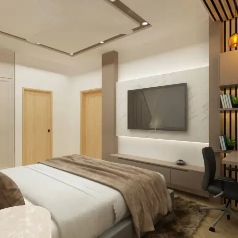 Bedroom render with a backlit marble TV panel and floating console facing the bed, and a wood-slat screen carrying amber pendants