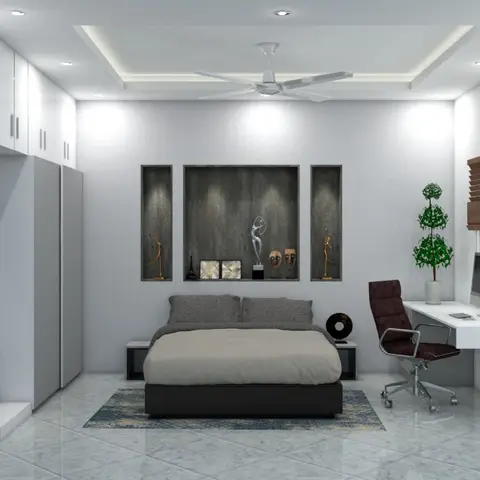 Bedroom render with a bed set against a recessed niche display wall, a full-height white gloss wardrobe, and a built-in study desk with chair beside the window