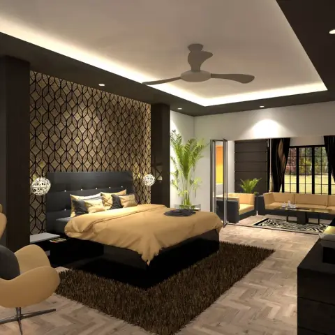 Bedroom render with a black-and-gold trellis wallpaper panel behind a button-tufted black headboard