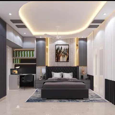 Bedroom render with a black tufted headboard bed under a curved cove-lit ceiling, flanked by a fluted-panel accent wall and a built-in study desk with bookshelf