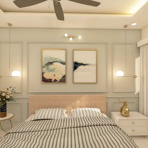 Bedroom render with a blush buttoned headboard against a cream wall of applied moulding frames