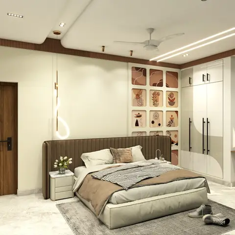 Bedroom render with a brown channel-tufted upholstered bed facing a wave-pattern glossy wardrobe wall