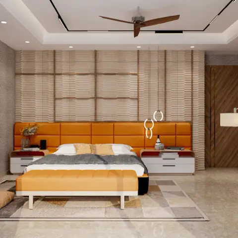 Bedroom render with a burnt-orange upholstered headboard run flanked by white bedside drawer units, a wave-textured panel wall behind