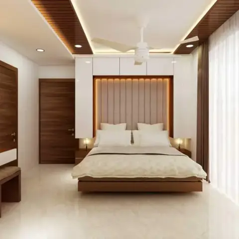 Bedroom render with a channel-tufted beige headboard glowing inside a backlit teak frame, white loft cabinets closing over it on both sides
