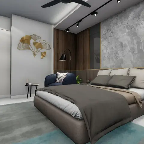 Bedroom render with a concrete-textured accent wall behind a channel-tufted headboard, gold ginkgo-leaf wall art, and dual oblong pendant lights beside the bed.