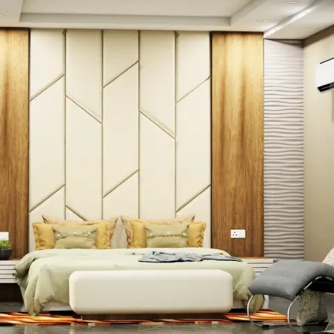 Bedroom render with a cream leatherette headboard wall cut into diagonal panels, flanked by teak veneer strips and white 3D wave panels