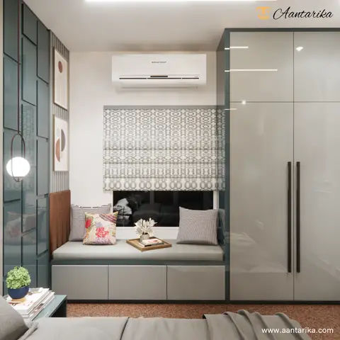 Bedroom render with a cushioned window seat over drawer storage under a geometric-print roman blind