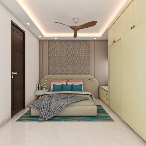 Bedroom render with a damask-wallpaper accent wall flanked by moulding strips, a teal rug, and a pastel-yellow wardrobe wall beside dual bedside pendant lights.