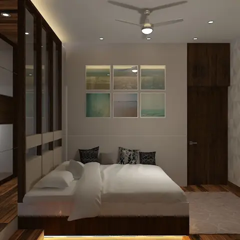 Bedroom render with a floor-to-ceiling glass-and-wood sliding wardrobe, a geometric triangle-pattern accent wall