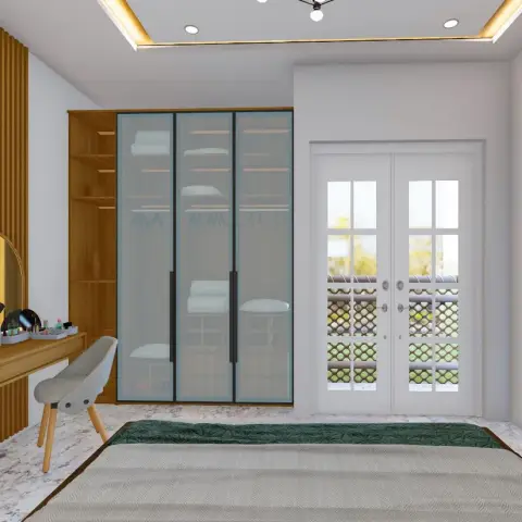 Bedroom render with a frosted-glass wardrobe and open teak corner shelving beside a wall-hung dressing ledge set into fluted teak panelling under an arched