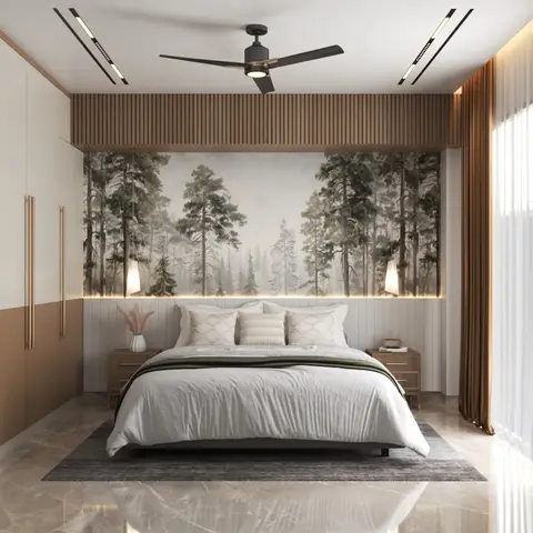 Bedroom render with a full-height forest-mural feature wall lit by two cone pendant lamps flanking the bed
