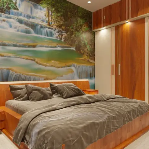 Bedroom render with a full-wall waterfall photo mural behind an orange-veneer bed whose headboard extends into fixed bedside ledges
