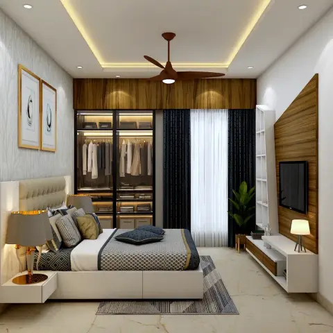 Bedroom render with a glass-fronted wardrobe lit from inside next to navy blackout drapes and sheers