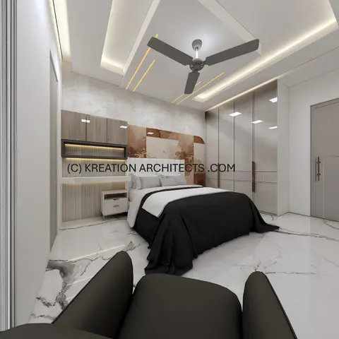 Bedroom render with a glossy taupe wardrobe wall, a mixed stone-and-wood textured accent wall behind a channel-tufted headboard