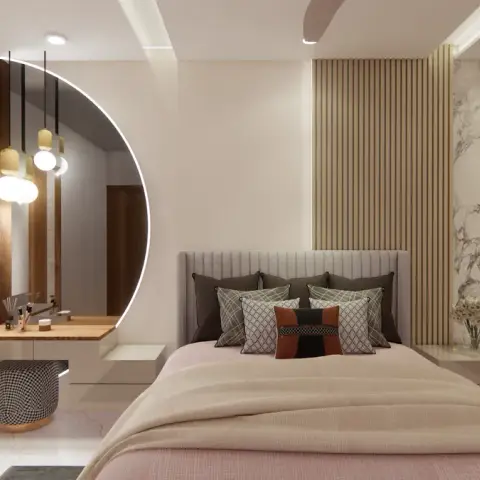 Bedroom render with a grey channel-tufted headboard against beige fluted panelling split by a marble strip