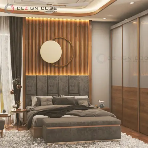 Bedroom render with a grey upholstered panel headboard under a backlit fluted wood wall carrying a disc-and-ring wall piece