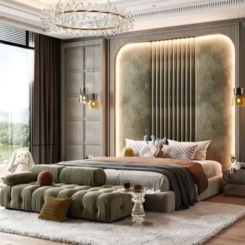 Bedroom render with a halo-lit olive suede headboard wall of vertical flutes behind the bed, twin amber glass pendants either side