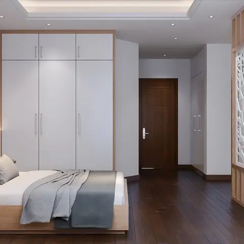 Bedroom render with a low oak platform bed under a backlit fabric headboard, a white floor-to-ceiling wardrobe with loft units