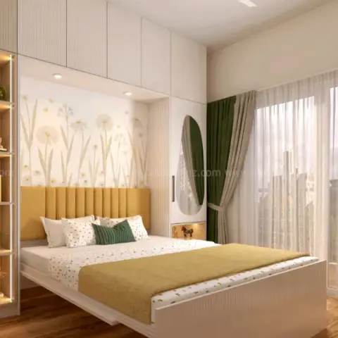Bedroom render with a mustard channel-tufted headboard against a dandelion mural, loft storage bridging over the bed head