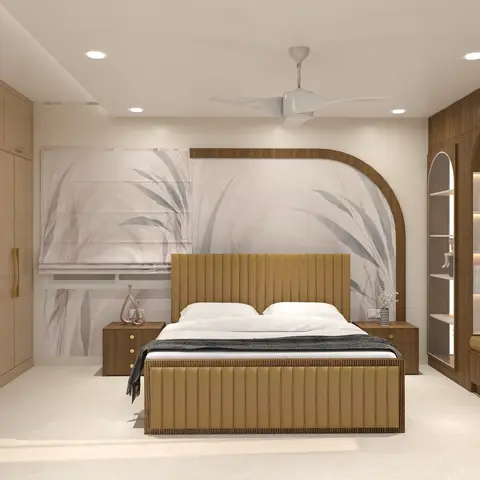 Bedroom render with a mustard channel-tufted bed against an arched wood-trimmed wall featuring a botanical wallpaper mural