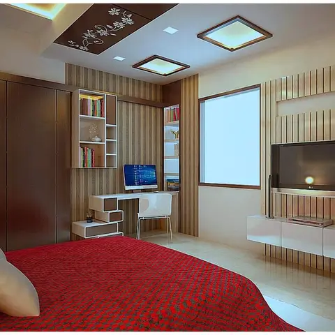 Bedroom render with a red-covered bed in the foreground, a white stepped study desk and open bookshelf against a striped batten wall