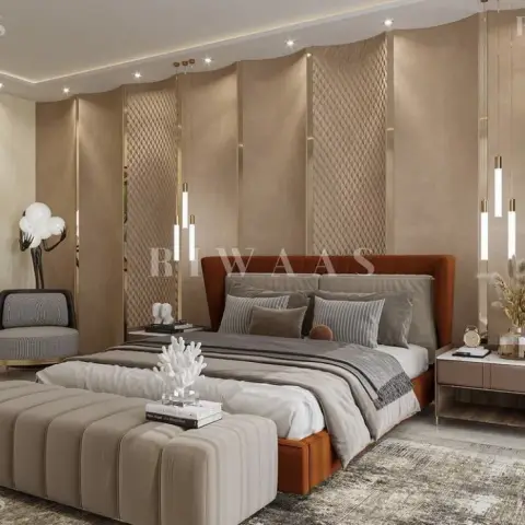 Bedroom render with a rust-orange upholstered bed against beige diamond-quilted and plain fabric wall panels split by slim brass reveals