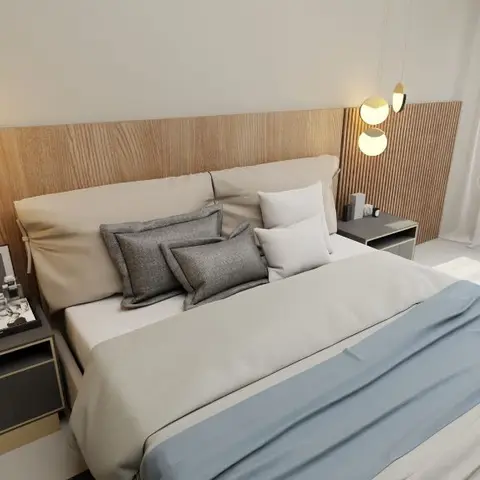 Bedroom render with a slatted oak headboard wall flanked by round pendant lights and matching wall-mounted charcoal nightstands with brass trim