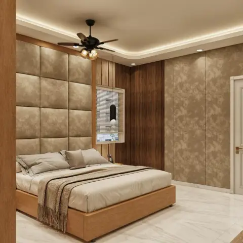 Bedroom render with a tan faux-leather grid headboard wall framed in solid wood beside a fluted walnut panel, mottled full-height wardrobe shutters opposite