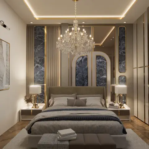 Bedroom render with a taupe upholstered bed under a crystal candle chandelier, flanked by dark blue-grey marble slabs and fluted panels framed in brass