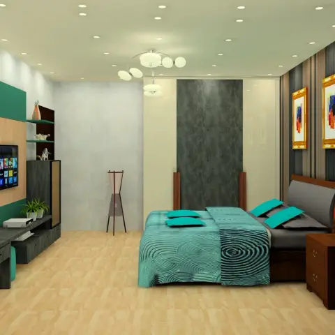 Bedroom render with a teal-and-fluted-wood TV wall running into a grey dresser, a grey-and-black striped panel behind the sleigh bed and two gilt-framed