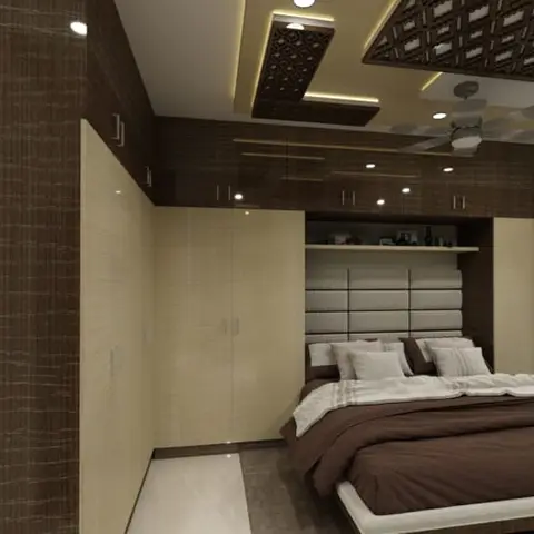 Bedroom render with a walnut-toned wardrobe wall, a diamond-jaali patterned false-ceiling panel, and a padded headboard niche with an overhead display shelf.