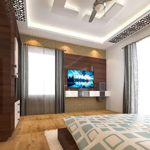 Bedroom render with a walnut TV back panel and floating white drawer boxes set against damask-print wallpaper