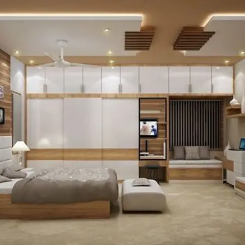 Bedroom render with a wood and white wardrobe wall, built-in TV unit, and a window seating nook beside the upholstered bed.