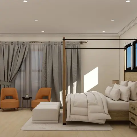 Bedroom render with a wood four-poster bed frame, grey curtains, burnt-orange accent armchairs by the window, and a white bench at the foot of the bed.
