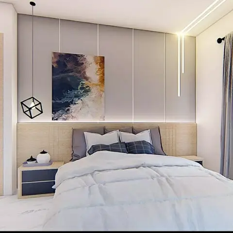 Bedroom render with an oak-toned headboard band and floating navy bedside drawers, a grey grooved panel above carrying one abstract blue-and-ochre canvas