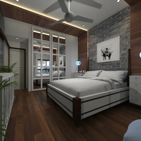 Bedroom render with grey brick-slip walls, a walnut-panelled ceiling band lit by a cove, a mirrored grid wardrobe reflecting the bed