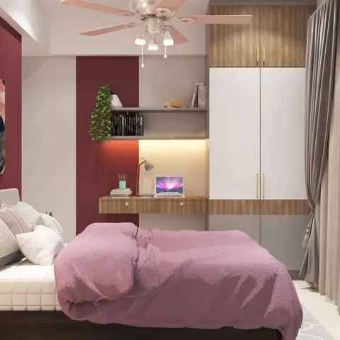 Bedroom render with maroon colour-blocked wall bands, a wall-hung wood study desk under LED-lit shelves