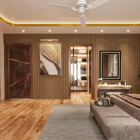 Bedroom render wrapped in a walnut fluted slat wall carrying a gold-veined abstract canvas, with a backlit dressing mirror over a stone-top dresser